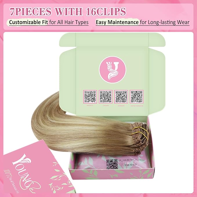 YoungSee 150g Balayage Clip in Hair Extensions Golden Brown with Blonde Balayage Human Hair Clip in Extensions Ombre Blonde Real Hair Extensions Clip in Human Hair 24inch