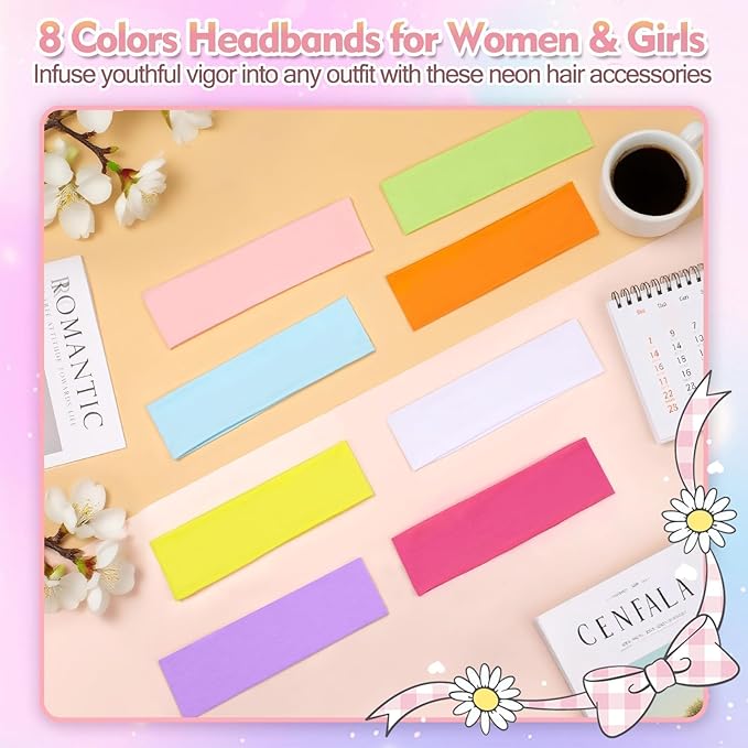 8Pcs Headbands for Women Girls Valentines Day Gifts, Stretchy Soft Neon Head Bands GiftSet Woman Gift for Her Fashion Hair Accessories hairband Galentines Gifts Christmas Easter Basket Stuffers