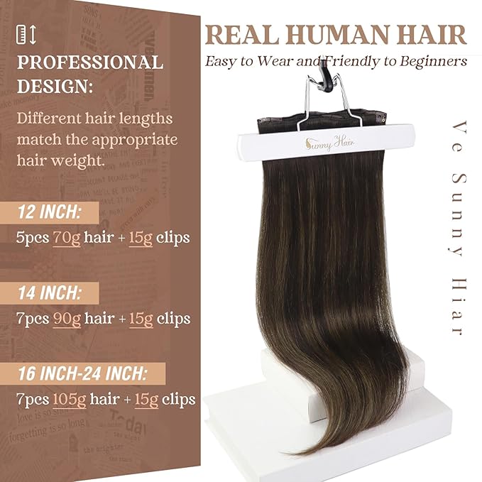 Ve Sunny Clip in Hair Extensions Dark Brown Balayage Medium Brown Real Hair Extensions Clip in Human Hair 14inch Human Hair Clip in Extensions Black Woman 100g