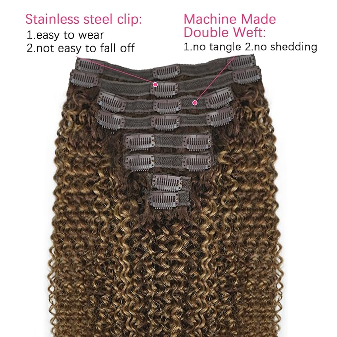 Kinky Curly Clip in Hair Extensions Real Human Hair 4/27/4 Omber Kinky Curly Clip ins For Women 3c 4a Brazilian Virgin Clip on Hair (20inch,#4/27/4)