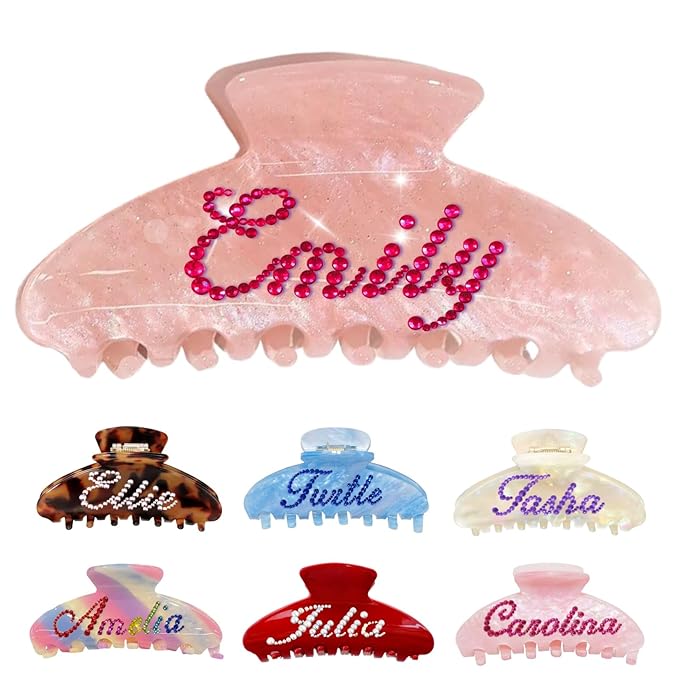 Personalized Colorful Name Hair Claw Clips for Women,Custom Hair Clips with Diamond,Cute Hair Accessories 4",Handmade Rhinestones Hair Clamp Gifts for Mom,Bride,Wife,Bridesmaid（Flash Pink）