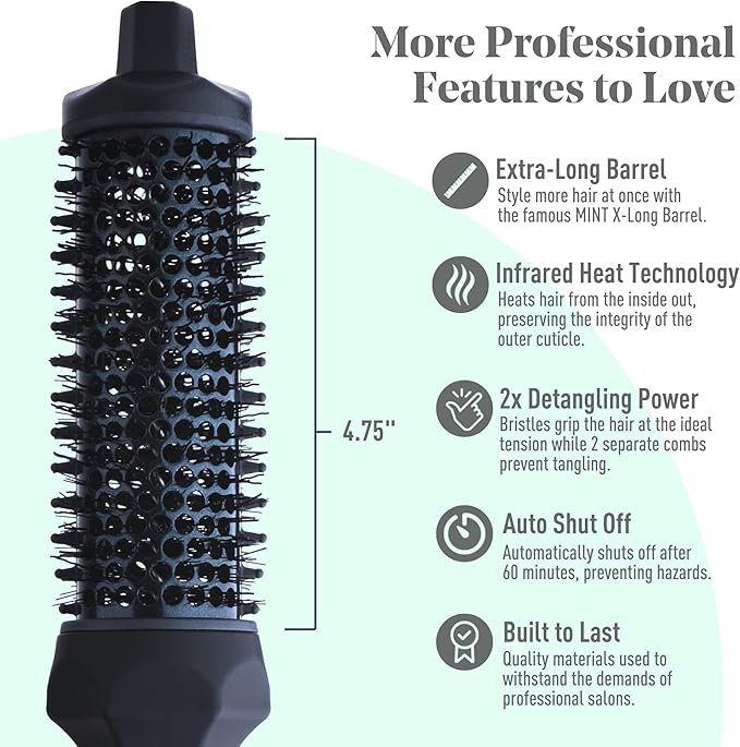 MINT Extra-Long 1.6 Inch Thermal Brush for Natural Volume & Waves | 230-430°F 2-Heater Ceramic Curling Iron Brush | Heated Round Styler