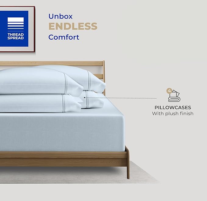 THREAD SPREAD 100% Cotton King Size Pillowcases Sets of 4-400 Thread Count Cotton Pillow Cases, Ultra Soft Cooling Sateen Weave Pillowcases, Set of 4 Pillow Covers for King Pillows - Light Blue