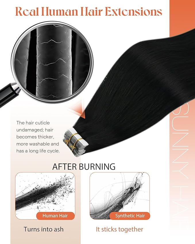 Sunny Hair Tape in Hair Extensions Human Hair 28inch Hair Extensions Real Human Hair Tape in Extensions for Women Jet Black Invisible Remy Hair Natural Straight Skin Weft Double Sided Tape 40pcs 100g