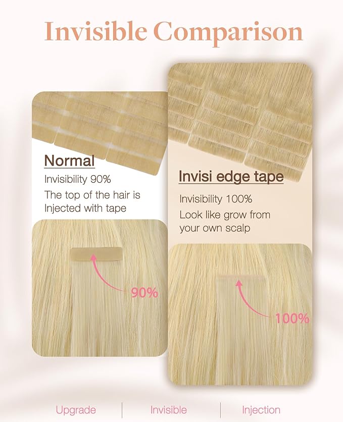 GOO GOO Invisi Edge Tape in Hair Extensions Human Hair, 18AT60A Pearl Ash Blonde Highlights 20pcs injected with 20pcs classical tape ins, 10inch 60g, Virgin Remy Hair, Natural Look