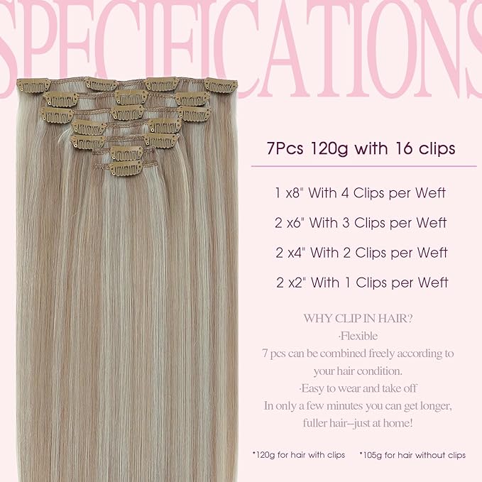 PINKPEARL Clip in Hair Extensions #18P1000 Ash Blonde Highlighted Gray Blonde 7pcs 14 Inch 120g Real Remy Hair Extensions Clip in Human Hair(#18P1000-14)