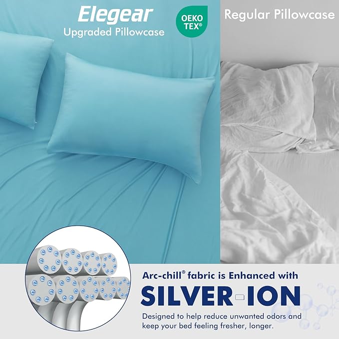Elegear Cooling Pillow Cases for Hot Sleepers, Clean Fabric Silver Infused Cooling Pillowcase Q-Max>0.5, Soft Pillow Cases for Hair & Skin, Zipper Pillow Cases Set of 2 Blue (King, 20'' x 36'')
