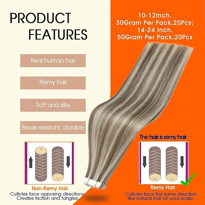 Full Shine Tape in Hair Extensions Invisible Skin Weft Straight Hair Remy Human Hair Extensions Tape ins 50Gram 18 Inch 8 Ash Brown Highlighted 60 White Blonde Seamless Hair Extensions Real Human Hair