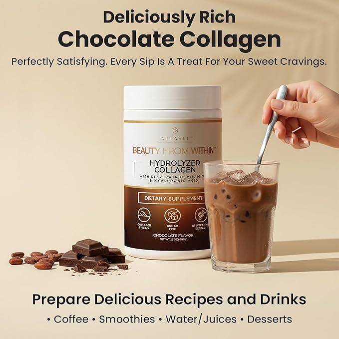 VITASEI Hydrolyzed Collagen Peptides Powder with Resveratrol & Vitamin C – Hair, Skin, Nails & Joint Support – Colágeno Hidrolizado for Women & Men – Delicious Chocolate Flavor, 16 oz (30 Servings)