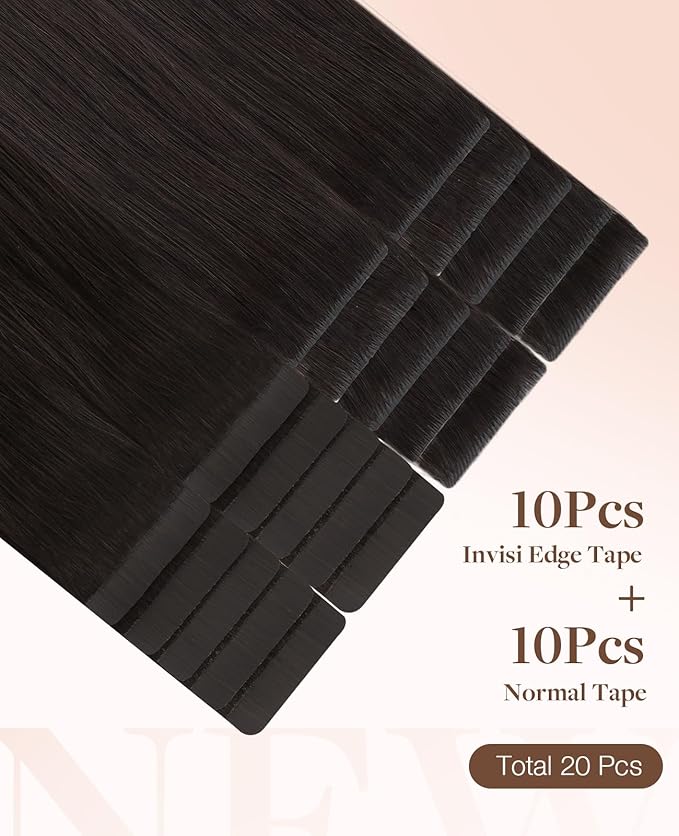 GOO GOO Invisi Edge Tape in Hair Extensions Human Hair, 2 Dark Brown 10pcs injected with 10pcs classical tape ins, 20inch 50g, Virgin Remy Hair, Natural Look