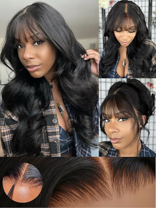 KLAIYI Fluffy Body Wave Curtain Bang Wig Bye Bye Knots Glueless Pre Cut 7x5 Lace Front Wigs Human Hair Loose Wave Pre Bleached Pre Plucked Pre Everything 3S Easy to Wear and Go Wig 180% Density 24Inch