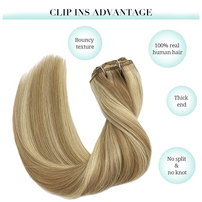 DOORES Clip in Human Hair Extensions, 22 Inch Balayage Light Blonde Highlighted Golden Blonde, 5pcs 85g Remy Straight