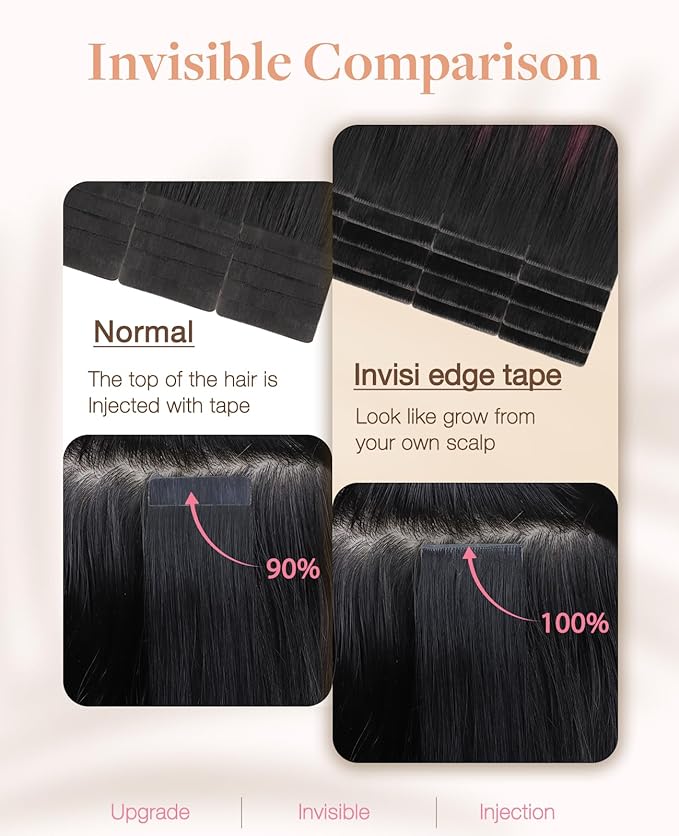 GOO GOO Invisi Edge Tape in Hair Extensions Human Hair, 1/99 Balayage Jet Black to Red 10pcs injected with 10pcs classical tape ins, 22inch 50g, Virgin Remy Hair, Natural Look