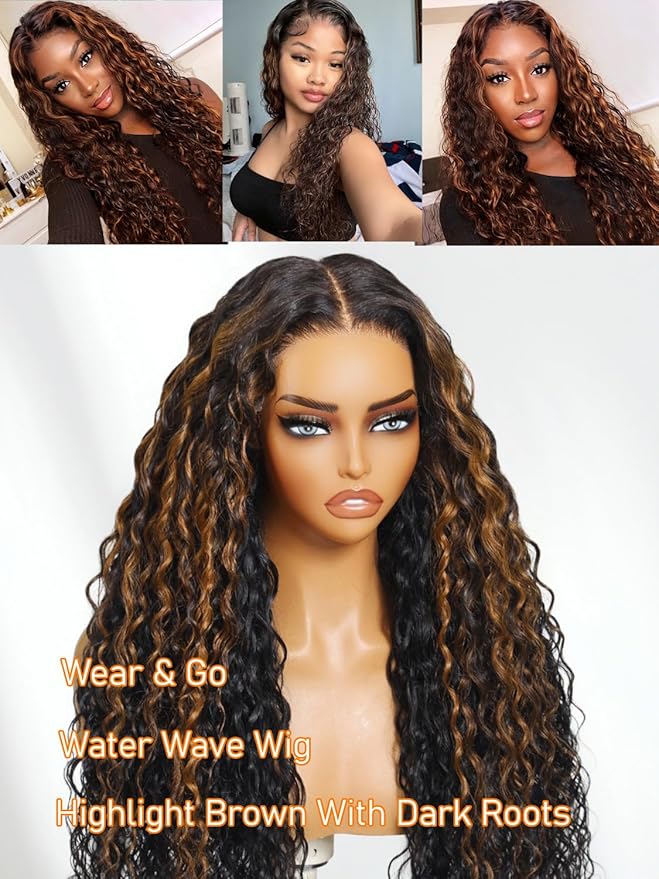 Julia Hair Ombre Brown Water Wave Glueless Wig Human Hair 7x5 HD Lace Closure with Invisible Drawstring Pre Plucked Bleached Highlight Balayage Colored Curly Wigs Put On And Go 24 Inch