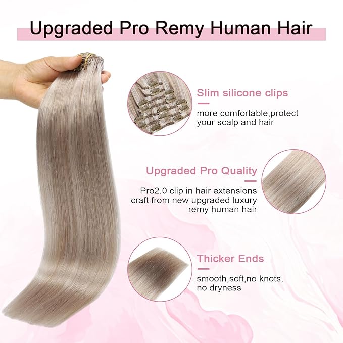 Pro2.0 Clip in Hair Extensions Real Human Hair 120g Thick 7pcs Color #18p1000 Ash Blonde with Bleach Blonde Remy Real Human Hair Extensions Clip ins 14inch Double Weft（#18P1000-14inch）