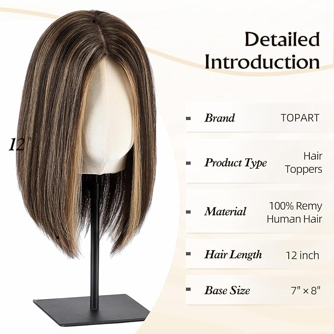MONO TOP Hair Toppers for Women Human Hair 12 Inch 7"×8" Big Base Partial wig Cover Thinning Hair or Loss No Bangs Top Hair Pieces Natural Wiglets (Dark Brown Highlights)