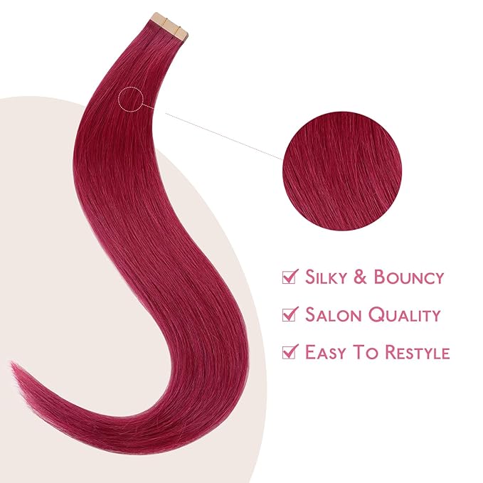 WENNALIFE Tape in Hair Extensions Human Hair Burgundy Red Tape in Extensions, 10pcs 30g 24 inch Remy Invisible Tape Ins Straight Colored Soft Real Human Hair Tape in Extensions Refill Set Extensions