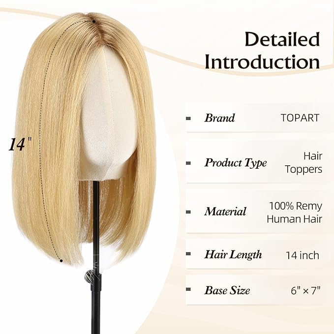 Large MONO Top Hair Toppers for Women Remy Human Hair 14 Inch 6"x7" Big Base Partial wig Cover Thinning Hair or Loss No Bangs Natural Wiglets (Blonde Mixed Brown)