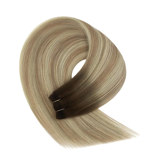 YoungSee Weft Hair Extensions Ombre Sew in Hair Extensions Walnut Brown Ombre Light Brown with Blonde Hair Extensions Weft Real Human Hair Bundle One Piece for Women 14Inch 100G