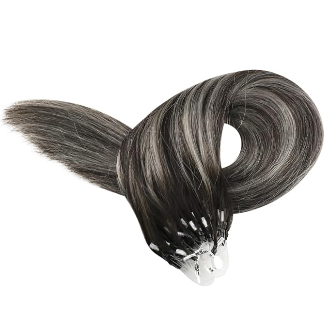 YoungSee Micro Bead Hair Extensions Real Human Hair Ombre Micro Loop Hair Extensions Human Hair Black Ombre Silver with Black Balayage Beaded Hair Extension 20In Cold Fusion Hair Natural 50g 50s