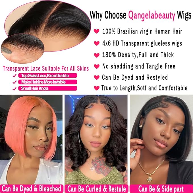 12 Inch Bob wig human hair 180% Density glueless wigs human hair pre plucked pre cut 4x6 HD Transparent Frontal Wigs Human Hair Lace Front Wigs for Women