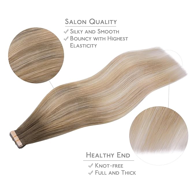 WENNALIFE Tape in Hair Extensions Human Hair, 20pcs 50g 20 inch Balayage Sandy Brown to Platinum Blonde Remy Hair Extensions for Women Tape Ins Straight Extensiones De Cabello Humano Skin Weft