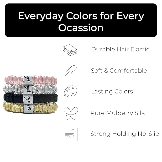 Silk Scrunchies for Women No Damage Mulberry Silk No Slip 4 Pack-Elastic Ponytail Girls Hair Ties | Skinny Hair Ties for Thin Thick Wavy or Curly Hair | No Crease for Sleep and Sports (4, Everyday)