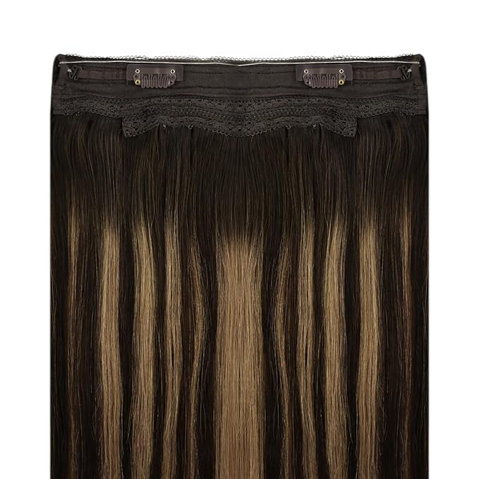 YoungSee Wire Hair Extensions Real Human Hair Balayage Hair Wire with Adjustable Clips Dark Brown Fading to Caramel Blonde Mix Brown Human Hair Fish Line Extensions for Thin Hair 14Inch 80G