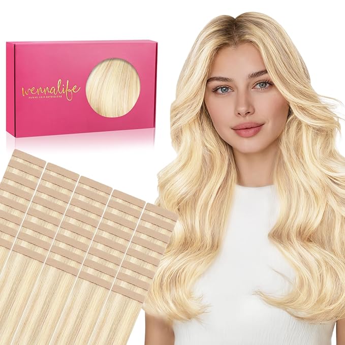 WENNALIFE Tape in Hair Extensions Human Hair, 40pcs 100g 14 inch Balayage Light Wheat Platinum Blonde Hair Extensions Real Human Hair Straight Tape in Extensions Invisible Human Hair Extensions Reusab