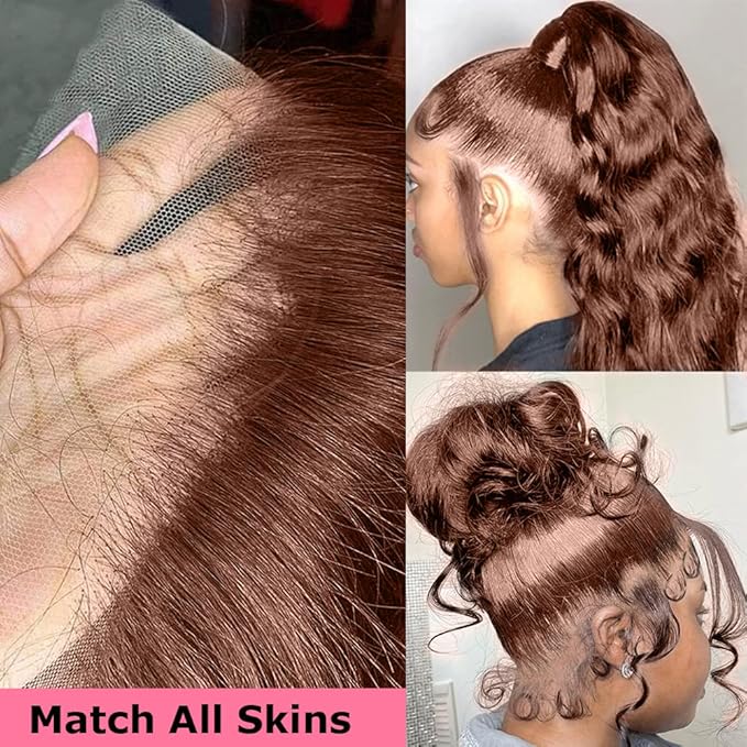 200% Density Chocolate Brown Human Hair Wigs 13x4 Body Wave Lace Front Wig Pre Plucked Chestnut Brown Colored Human Hair Wigs For Women HD Transparent Lace Front Wig 24 Inch