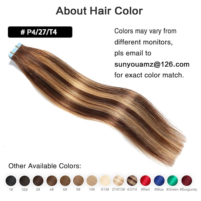 SUYYA Tape in Hair Extensions Human Hair 50g/pack 20pcs Straight Seamless Skin Weft Tape in Real Hair Extensions Ombre Balayage Chocolate Brown to Caramel Blonde(12inch #P4/27/T4)