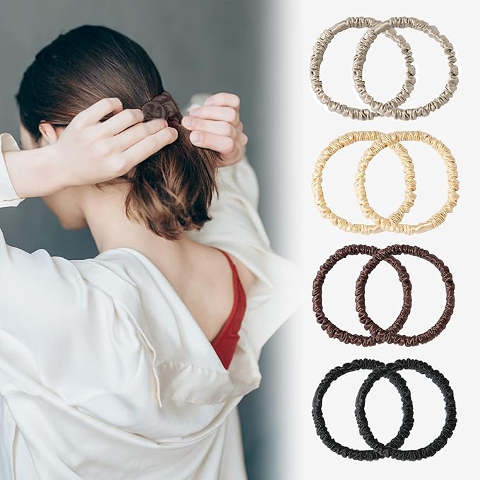 8 Set 100% Pure Mulberry Silk Hair-Friendly + Luxurious Elastic Skinny Scrunchies Travel Pouch Everyday Hair Ties Elastics Hair Care Ponytail Holder No Damage