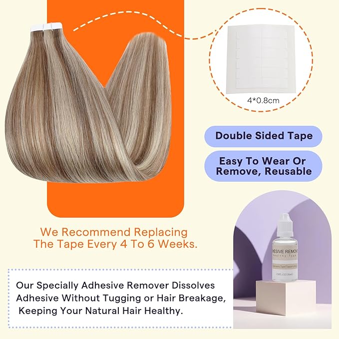 Full Shine Hair Extensions Real Human Hair Tape in Color 10 Brown Highlight 60 Blonde 22 Inch Invisible Double Sided Tape Ins Human Hair Extensions 20PCS Natural Extensions for Women Real Hair 50g
