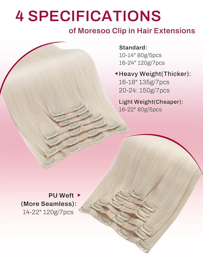 Moresoo White Blonde Clip in Hair Extensions Blonde Clip in Extensions Real Human Hair White Blonde Long Remy Human Hair 150g/7pcs 22 inch