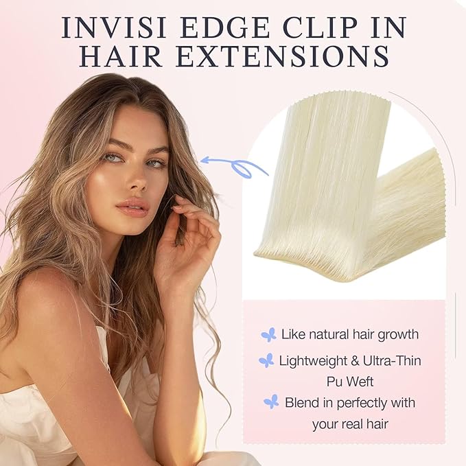 DOORES Invisi Edge Clip in Hair Extensions 22 inch 150g 7pcs, Virgin Real Human Hair PU Clip in Extension Invisible Seamless Natural Thickening Hairstyle, 60A Platinum Blonde