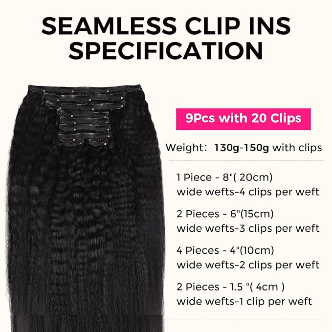 Lashey Seamless Clip in Hair Extensions Human Hair 130g 18 Inch 9pcs #1 Jet Black Kinky Straight Full Pack Clip in Hair Extensions for Women