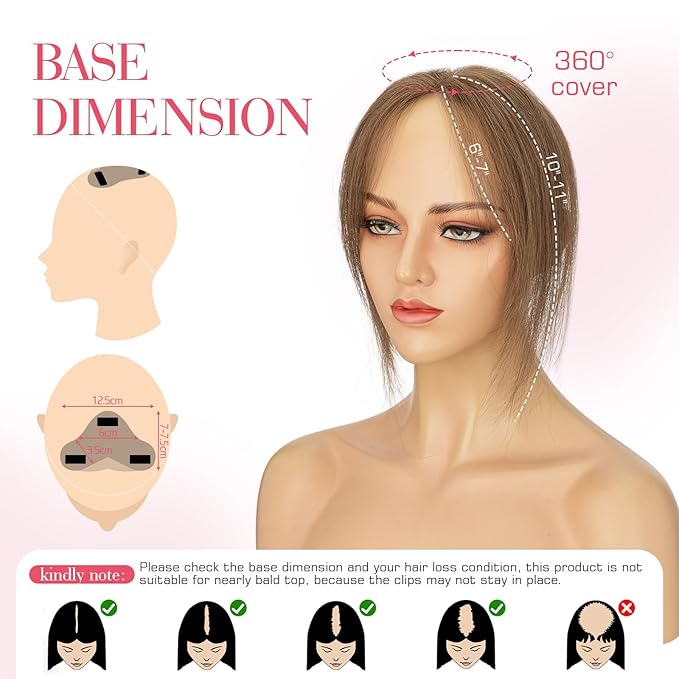 Hairro Human Hair Toppers For Women Wispy Thin Short Wiglet Hairpieces Natural No Bang Middle Part Side Bangs Hair Clip 11 Inches 14.5g #04 Medium Brown