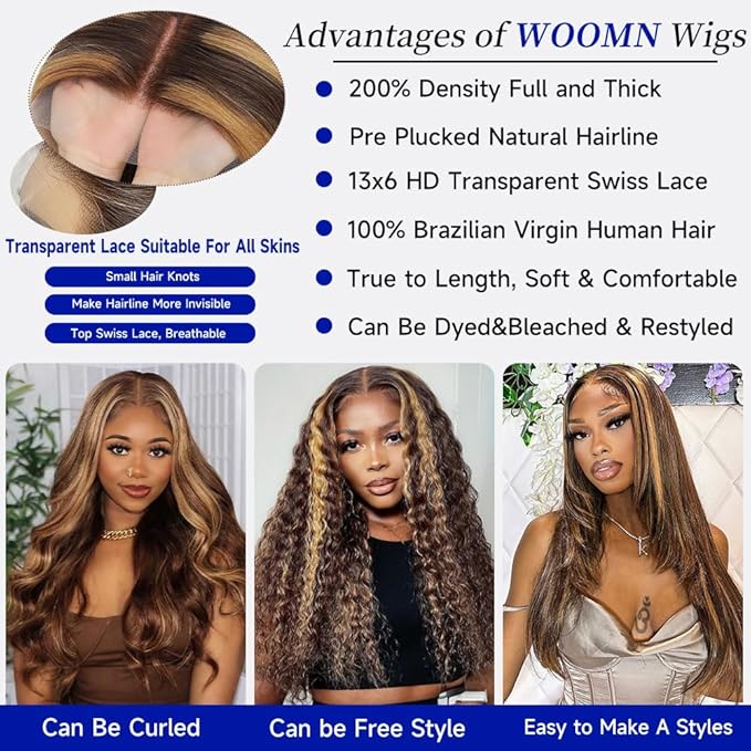 36 Inch Ombre Lace Front Wig Human Hair 200 Density 13x6 Honey Blonde HD Lace Frontal Real Virgin Human Hair Wigs Invisilbe Hairline Tiny Knots Pre Plucked Highlight Brown 4/27 Colored