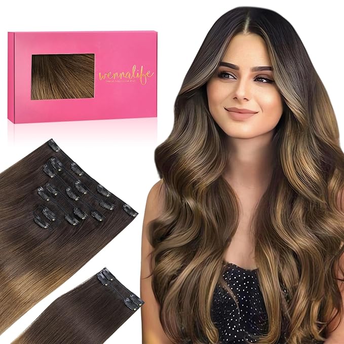 WENNALIFE Clip in Hair Extensions Real Human Hair, 18 Inch 150g 9pcs Remy Hair, Ombre Dark Brown to Light Chestnut Brown Straight Natural Extensiones De Cabello Humano Con Clip Ins