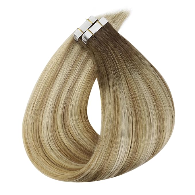 Full Shine Blonde Tape in Hair Extensions Balayage 20 Inch Adhesive Hair Extensions Tape ins 6/27/60 Ombre Invisible Tape in Hair Extensions Human Hair 50 Gram 20Pcs Seamless Tape ins
