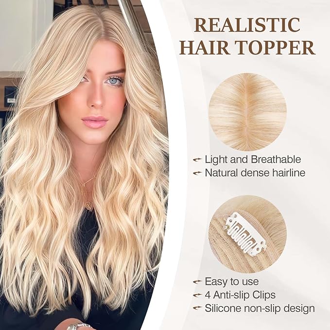 Rich Choices Hair Toppers for Women Real Human Hair 100% Human Remy Toppers with Thinning Hairs NO Bangs Clip in Hairpiece 4"x4.7"Lace Base 18 Inch #18P613 Ash Blonde Highlights Bleach Blonde