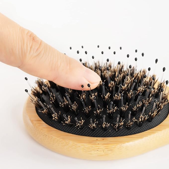 RHOS Mini Boar Bristle Hair brush for Women/Men/Kids-Small bamboo Paddle Brush for Smoothing/Detangling/Adding Shine-Travel Size bamboo Hair Brush for Pocket,Bag