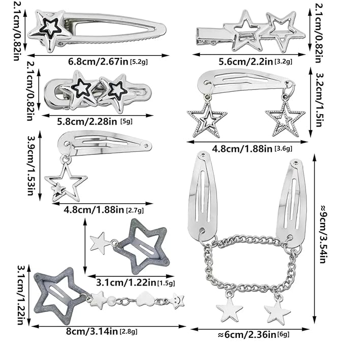 10PCS Star Hair Clips Silver Hair Clips Metal Star Barrettes 8 Shapes Pentagram Hair Snap Clips Punk Kawaii 2000s Hair Accessories for Women