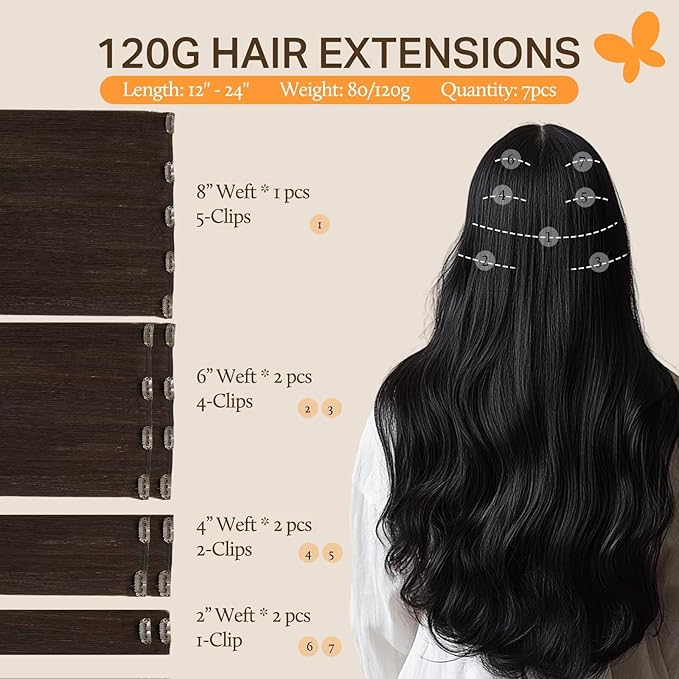 DOORES Clip in Human Hair Extensions, Light Dark Brown 12 Inch 80g 7pcs, Real Remy Hair Extensions Natural Straight