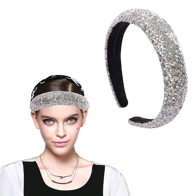 Sliver Sparkle Headband for Women Fashion Wide Headband Glitter Sequin Headbands Comfortable High Elastic Head Band Hair Hoop Hair Accessories for Womens