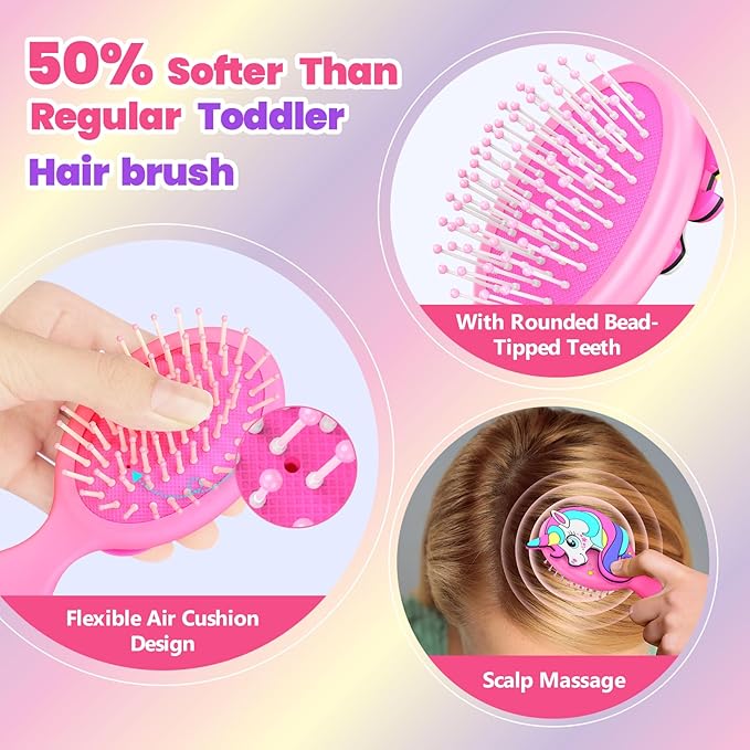 Toddler Hair Brush for Toddler Girls & Kids Ages 2-4+, Pink Mini Unicorn Hairbrush, Gentle Detangling brush, Wet & Dry Hair, Soft Ball-Tip Bristles for Sensitive Scalp, Travel-Friendly