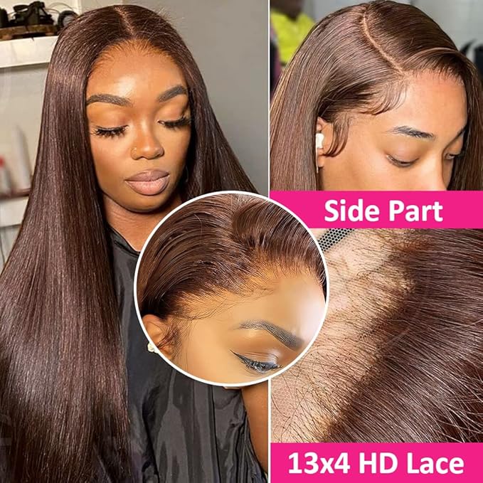 Hermosa 13x4 Brown Lace Front Wigs Human Hair 180 Straight Lace Frontal Human Hair Wigs Pre Plucked Hairline 4# Brown Color 22 Inch