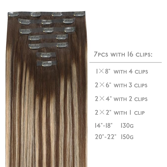 WENNALIFE Seamless Clip In Hair Extensions, 16 Inch 7pcs 130g Balayage Chocolate Brown to Honey Blonde Hair Extensions Clip In Invisible PU Skin Weft Real Human Hair Extensions Clip In