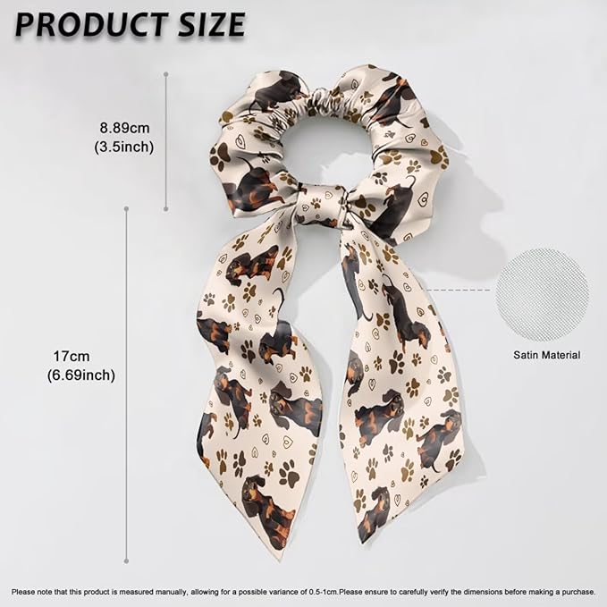 Dachshund Cute Hair Scrunchies with Ribbon 2 Pcs Paw Print Knotted Bow Satin Scarf Scrunchy Travel Accessory Animal Bow Hair Ties for Girls
