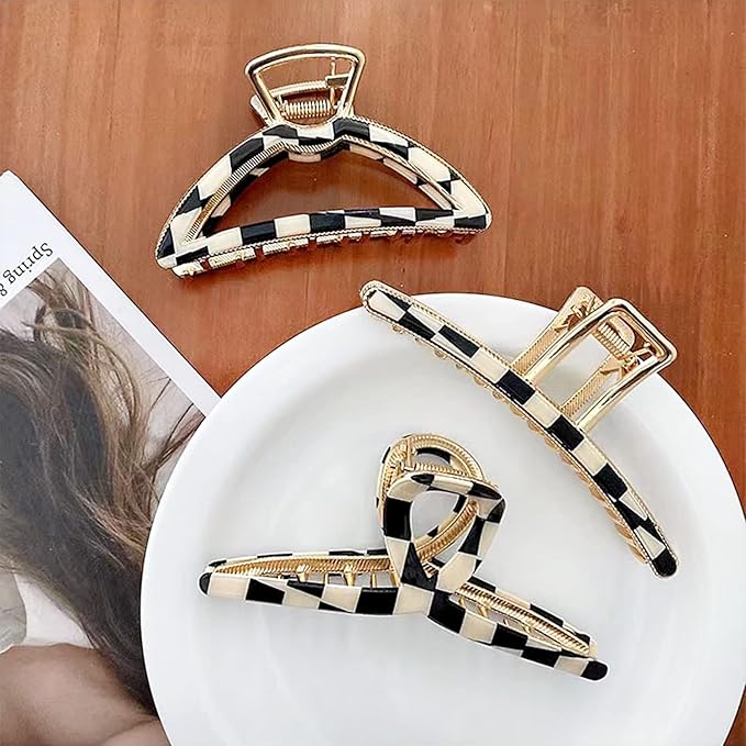 Big Hair Claw Clips Checker Claw Butterfly Barrettes Claw Clips for Women Lattice Design Acetate Claw Clips Metal Hair Clip for Girls Large Hair Accessories for Long Thick Hair 3 Pcs